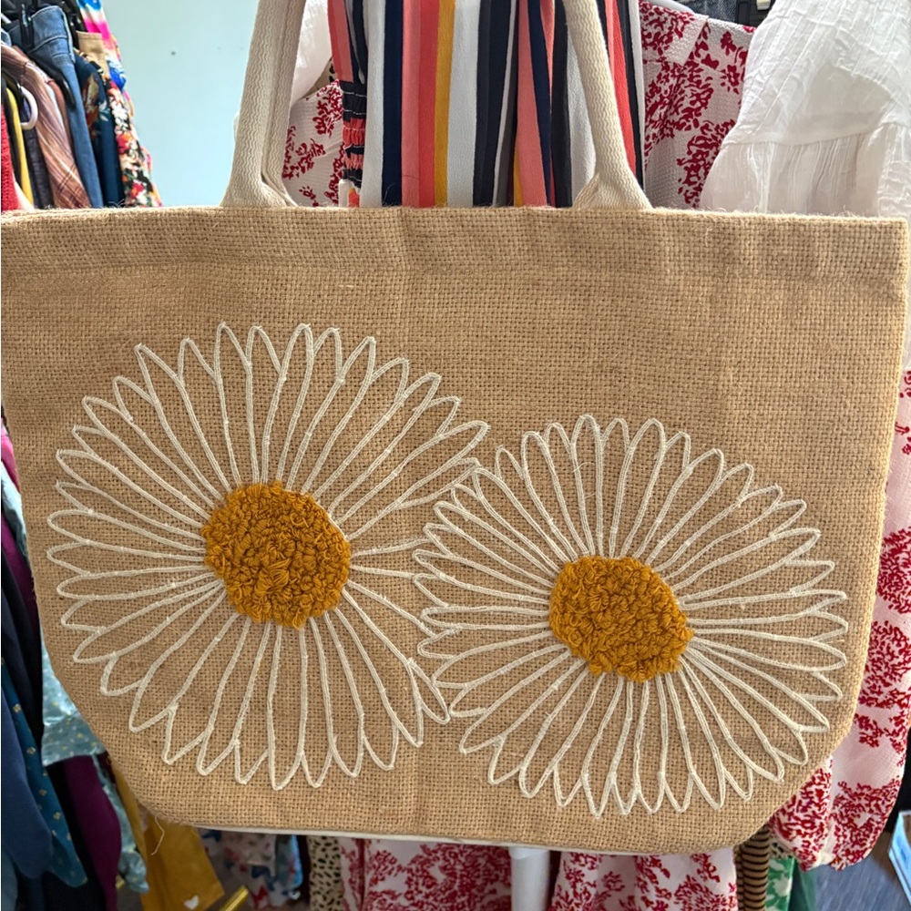 Floral Embroidered Tan Tote Bag